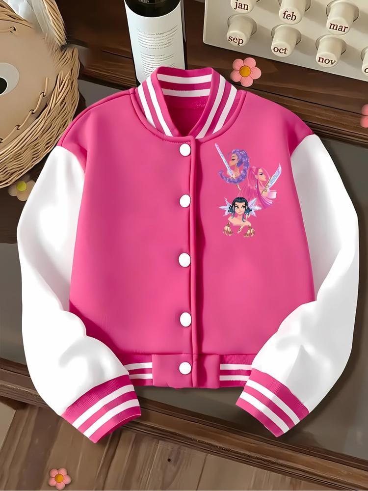 Girls Short Baseball Jacket Coat, Cartoon Design, Elastic Fabric, Street Style, Fall & Winter, Outdoor Indoor Sports Wear, Casual Comfy Jacket