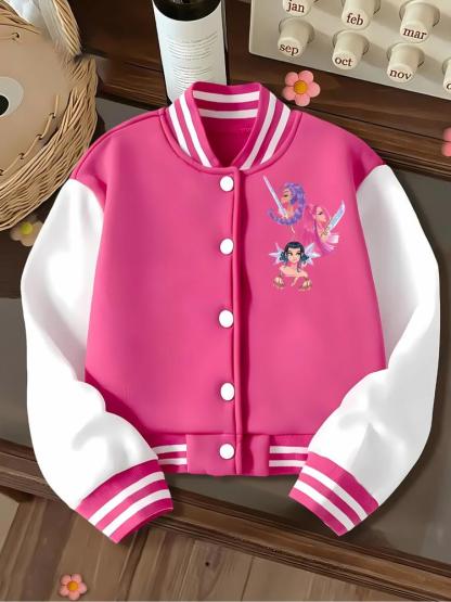 Girls Short Baseball Jacket Coat, Cartoon Design, Elastic Fabric, Street Style, Fall & Winter, Outdoor Indoor Sports Wear, Casual Comfy Jacket
