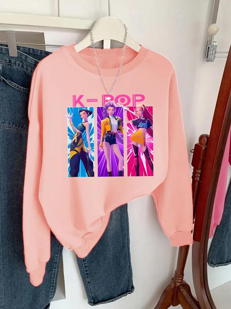 Girls' Spring & Fall Casual Fashion Kpop Falcon Girl Group Print Sweatshirt, Round Neck Long Sleeve Comfortable Basic Top
