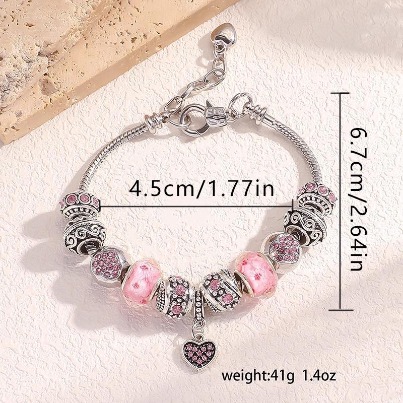 ARPURRAINA Pink Heart-Shaped Pendant Bracelet Set Exquisite Jewelry Gift with Delicate Bead Dazzling Pendant Adjustable Serpentine Chain for Women Perfect Valentine's Day Gift Idea Trendy Stack Bangle Birthday gift