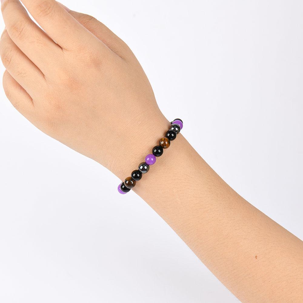 1pc Natural Tiger Eye & Amethyst Beaded Bracelet, Elastic Protection Crystal Bracelet For Men And Women, Unscented Solid Jewelry Gift