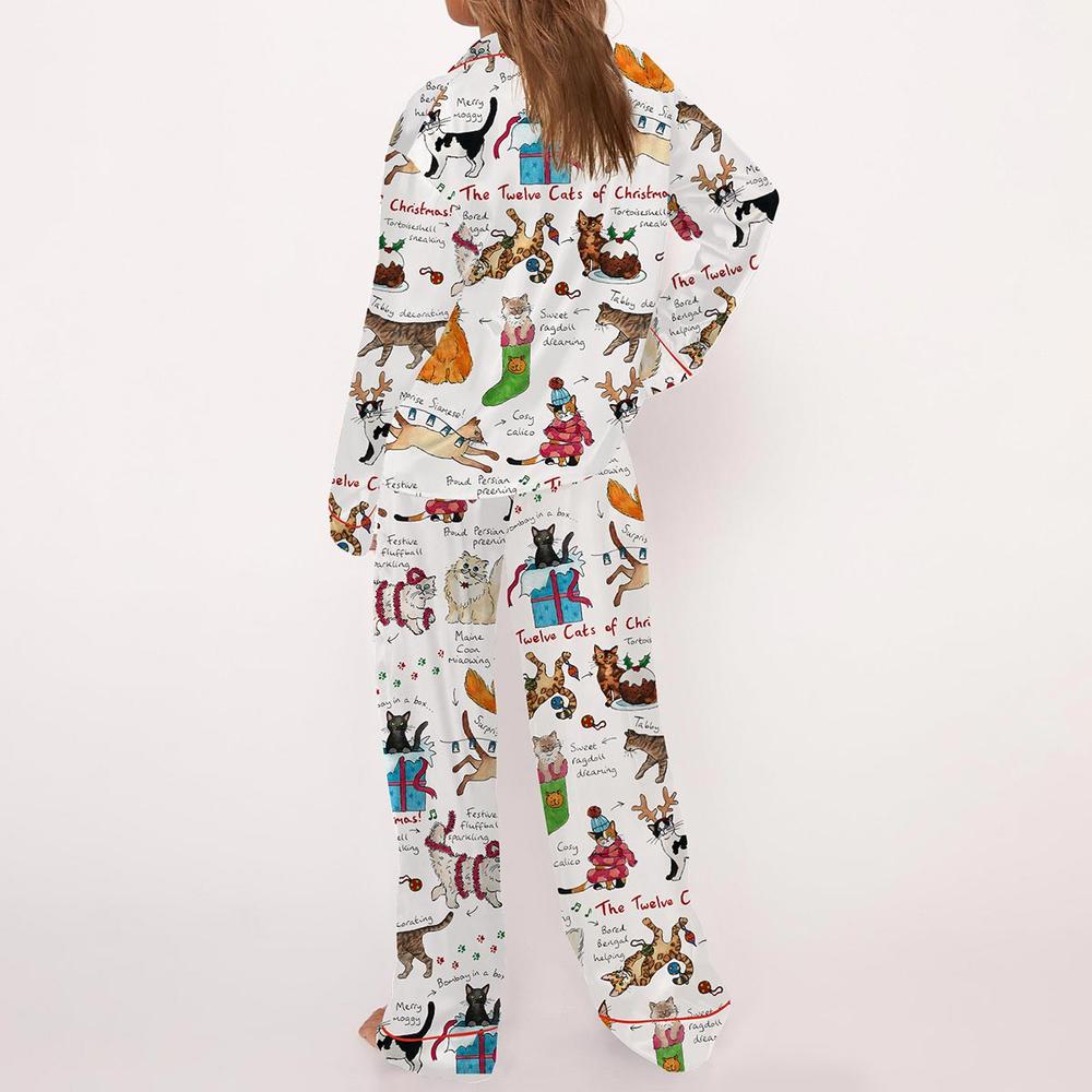 The Twelve Cats Of Christmas Satin Pajama Set For Women Print Comfy Satin Sleepwear & Loungewear Pjs Printing Silky Top & Bottoms - SHESHOW