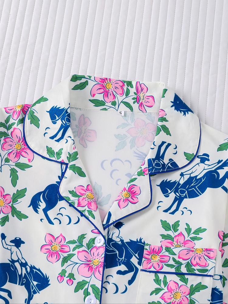 Women's Floral & Horse Print Pajama Set, Long Sleeve Button Front Top, Elastic Pants, Casual Fall Winter Sleepwear