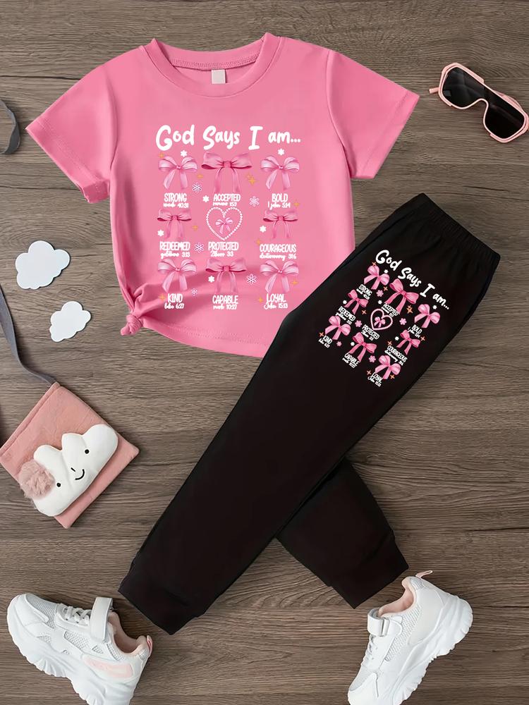 Girls' Spring & Fall Fashion Bow Print Short Sleeve T-Shirt + Sweatpants Set, Casual Comfortable for Kids, 2 Piece Set