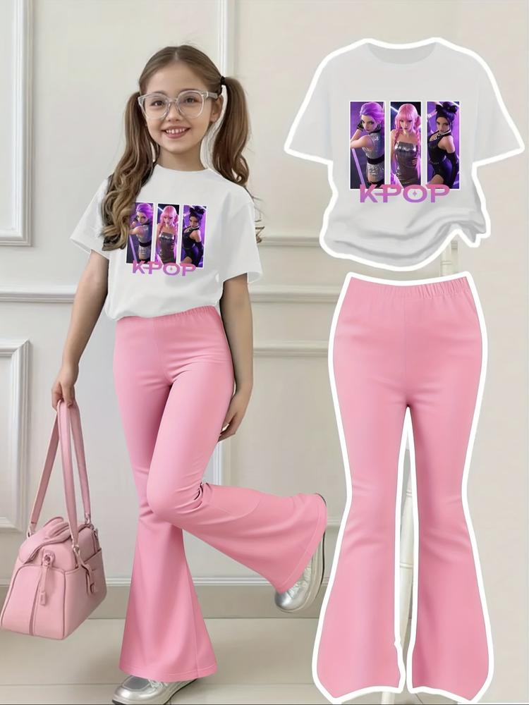 Girls' Kpop-Hunter Girl Print 2-Piece Set, Casual Sporty Short Sleeve Top and Bell Bottom Pants, Comfortable Elastic Waist, Spring Summer