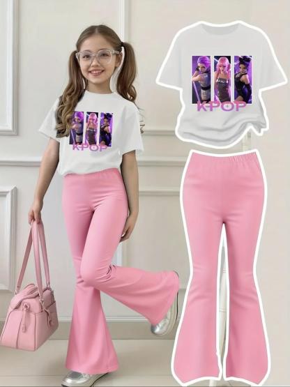 Girls' Kpop-Hunter Girl Print 2-Piece Set, Casual Sporty Short Sleeve Top and Bell Bottom Pants, Comfortable Elastic Waist, Spring Summer