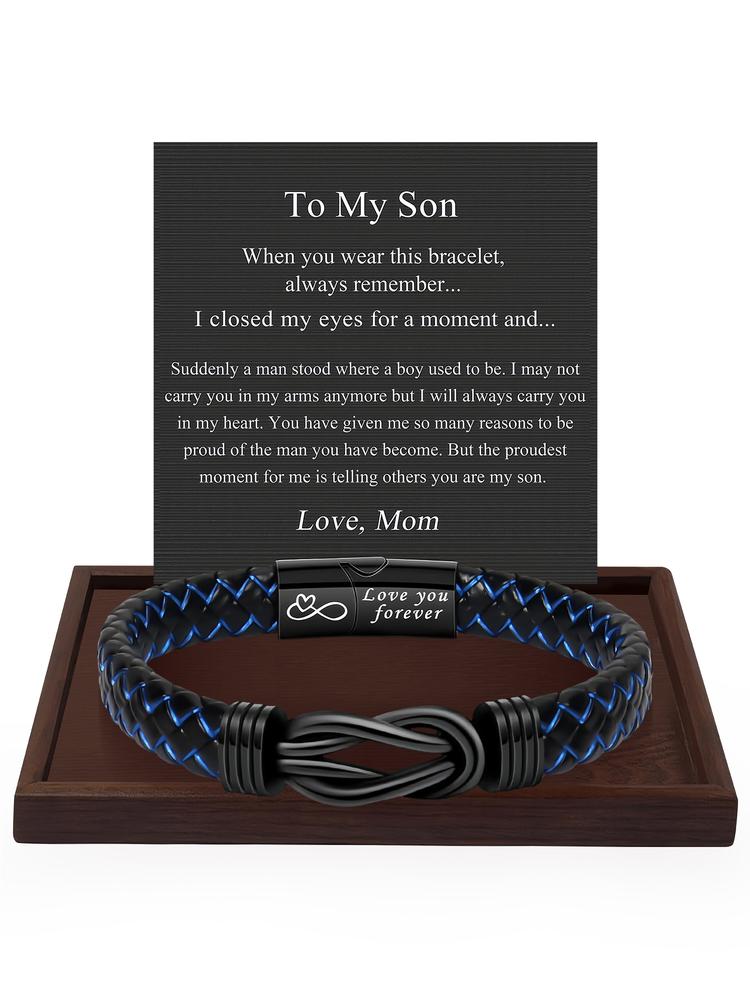 1PC Unique Christmas Gift for Son, Birthday Gifts for Son from Mom Leather Bracelets, Leather Braided Bracelet, Knotted Bracelets Jewelry for Son from Dad & Gift Card, Bracelet for Daily Wear Gift for Son