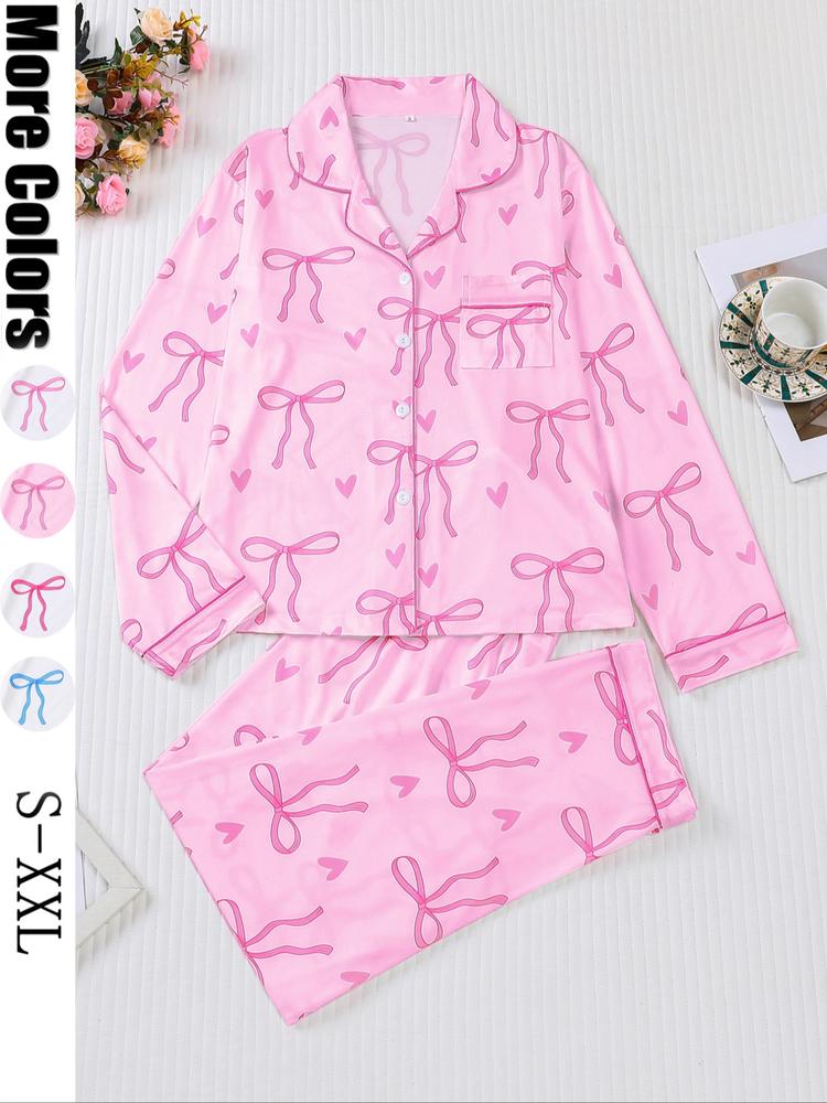 Women's 2-Piece Pajama Set, Bowknot Print, Holiday Party Sleepwear, Soft Shirt Collar Top & Elastic Pants, Casual Home Wear