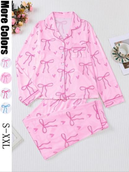 Women's 2-Piece Pajama Set, Bowknot Print, Holiday Party Sleepwear, Soft Shirt Collar Top & Elastic Pants, Casual Home Wear
