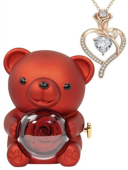 Heart Jewelry Set with Bear & Rose Gift Box, Including Heart Pendant Necklace & Ring & Earrings & Bracelet, Fashion Jewelry for Party, Daily Decor, Trendy All-match & Exquisite Jewelry for Birthday Gift, Mother's Day Gift
