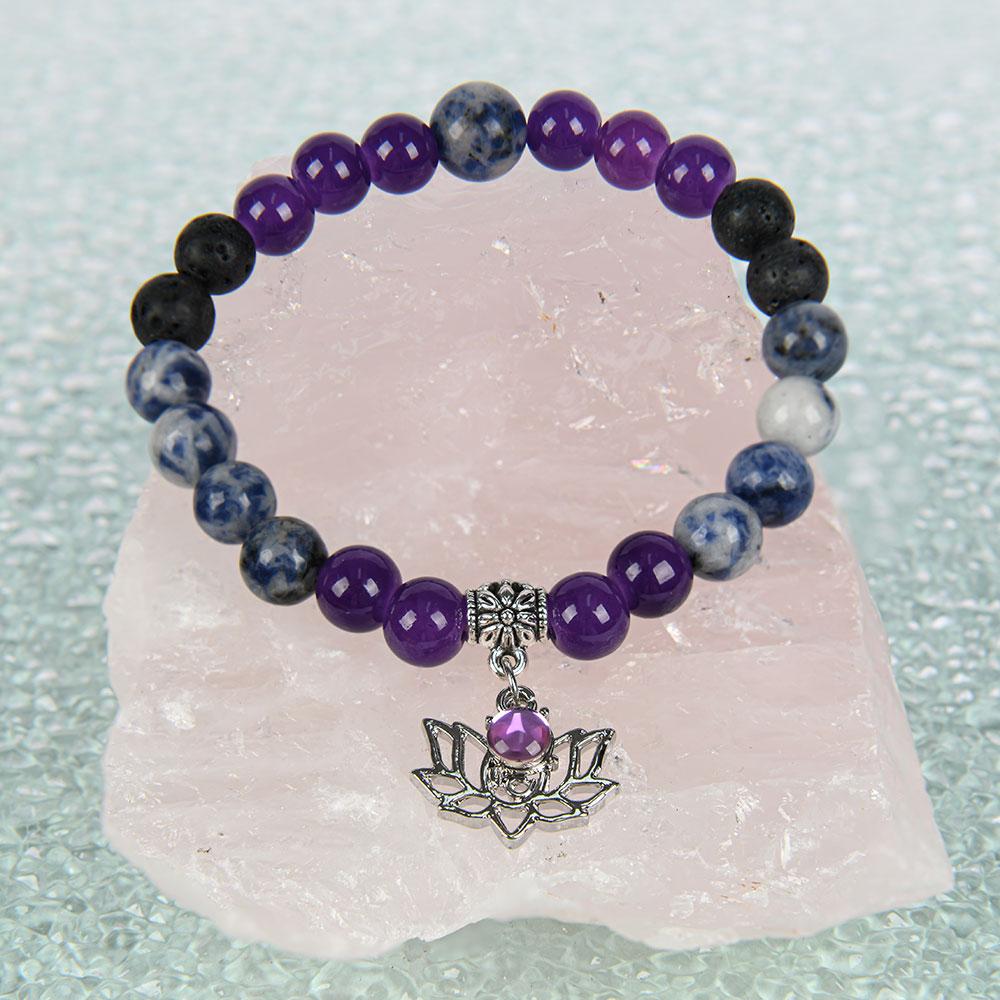 ARPURRAINA Beaded Bangle With Yoga Lotus Charm Natural Stone Crystal Jewelry Blue Bracelet Elastic Band Chakra Protection Encouragement Gift