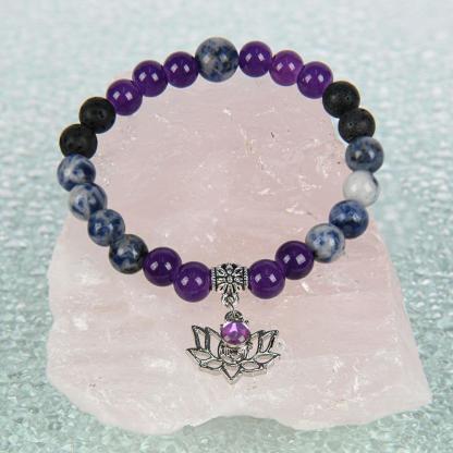 ARPURRAINA Beaded Bangle With Yoga Lotus Charm Natural Stone Crystal Jewelry Blue Bracelet Elastic Band Chakra Protection Encouragement Gift