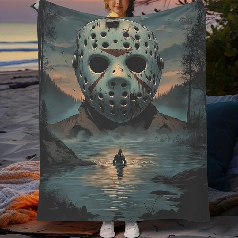 1pc Horror-Themed Flannel Blanket – Soft Polyester With Jason Voorhees Design, Perfect For Home Decor, Outdoor Adventures, Valentine’s Day, Thanksgiving, And Christmas, Man Woman Gift, Halloween Blanket Spooky Plush Movie