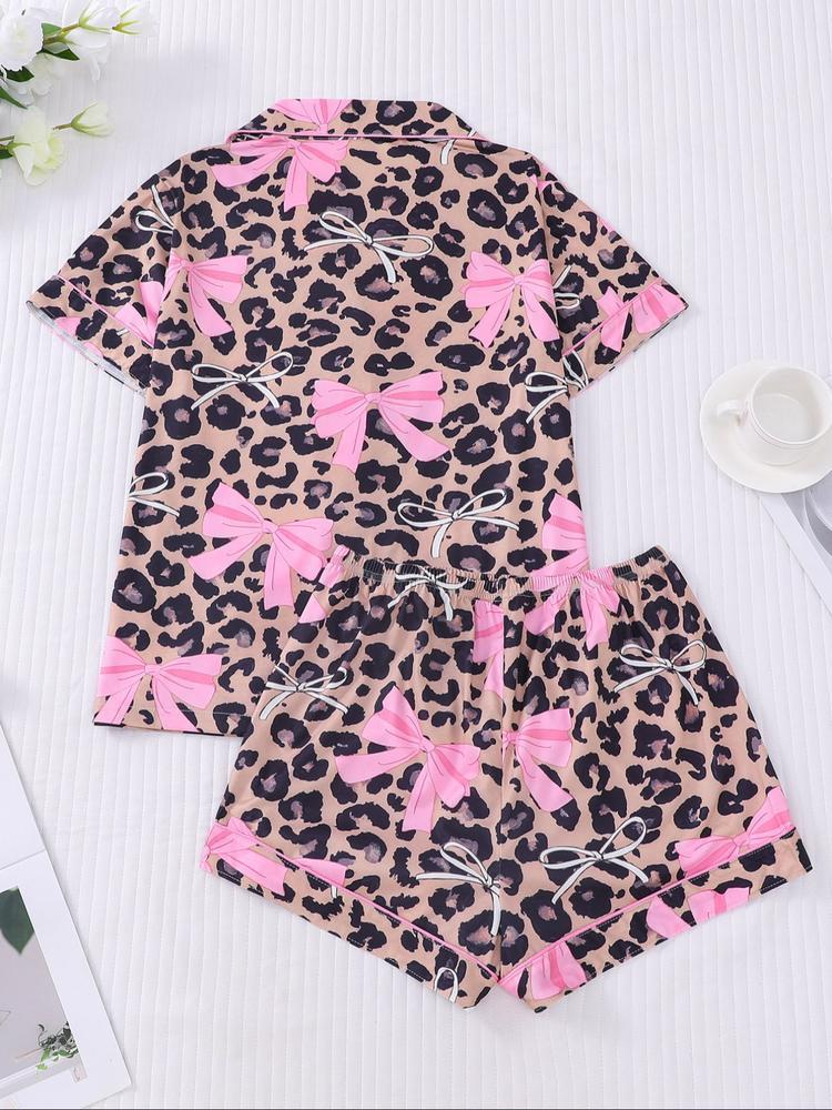 Women's Leopard Bow Printed Sleepwear Set, Casual Holiday, Soft Shirt & Elastic Shorts, All-Season Home Wear