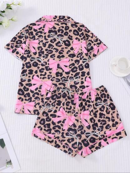 Women's Leopard Bow Printed Sleepwear Set, Casual Holiday, Soft Shirt & Elastic Shorts, All-Season Home Wear