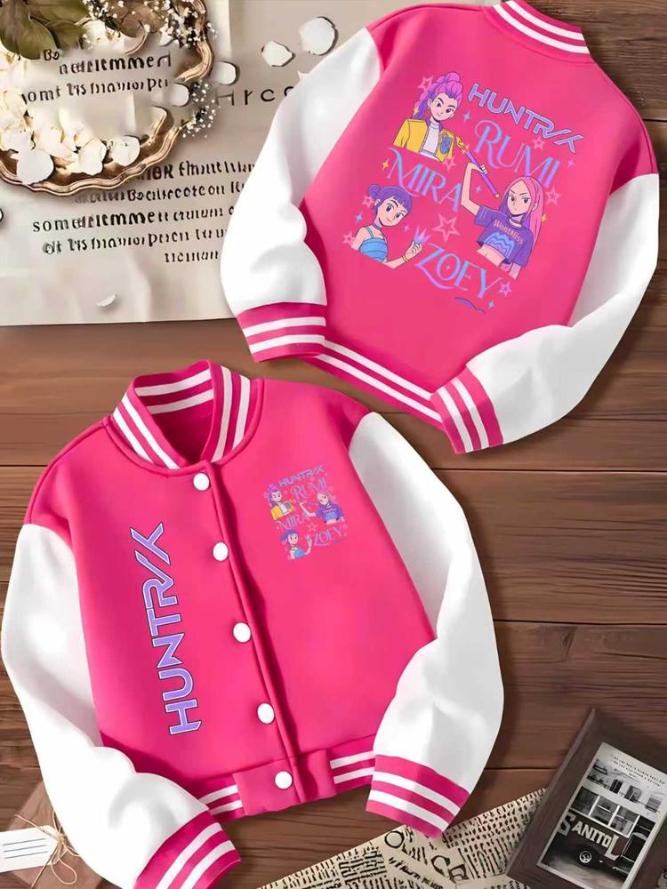 Girls' Halloween Cartoon Print Baseball Jacket, Elastic Fabric, Fitted Design, Perfect for Outdoor & Indoor Activities