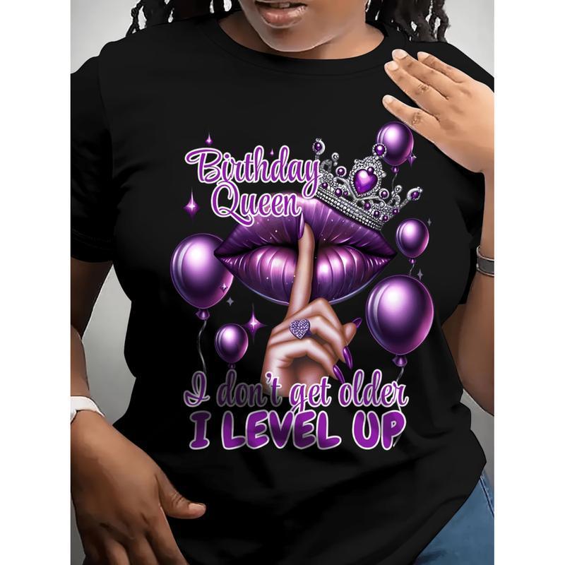 Queen's Birthday Queen Pattern T-shirt Casual round-neck T-shirt with balloon and lip print, suitable for all seasons, Allseason Top Fashion