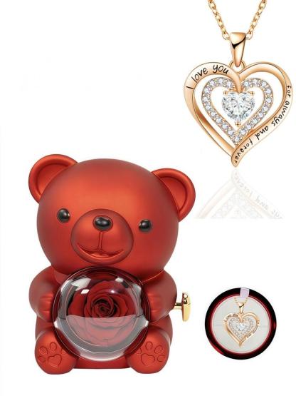 Women's Elegant Heart Design Pendant Necklace with Bear Shaped Rose Gifts Box, Exquisite Trendy Pendant Necklace, Chic Jewelry Set for Girlfriend