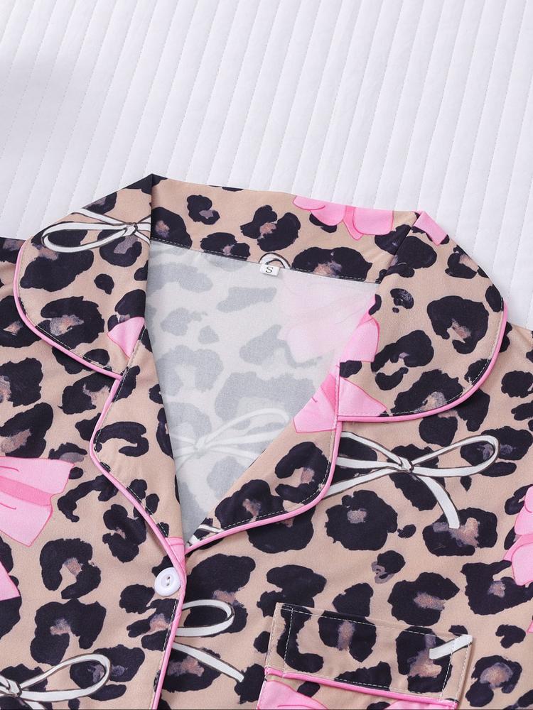 Women's Leopard Bow Printed Sleepwear Set, Casual Holiday, Soft Shirt & Elastic Shorts, All-Season Home Wear