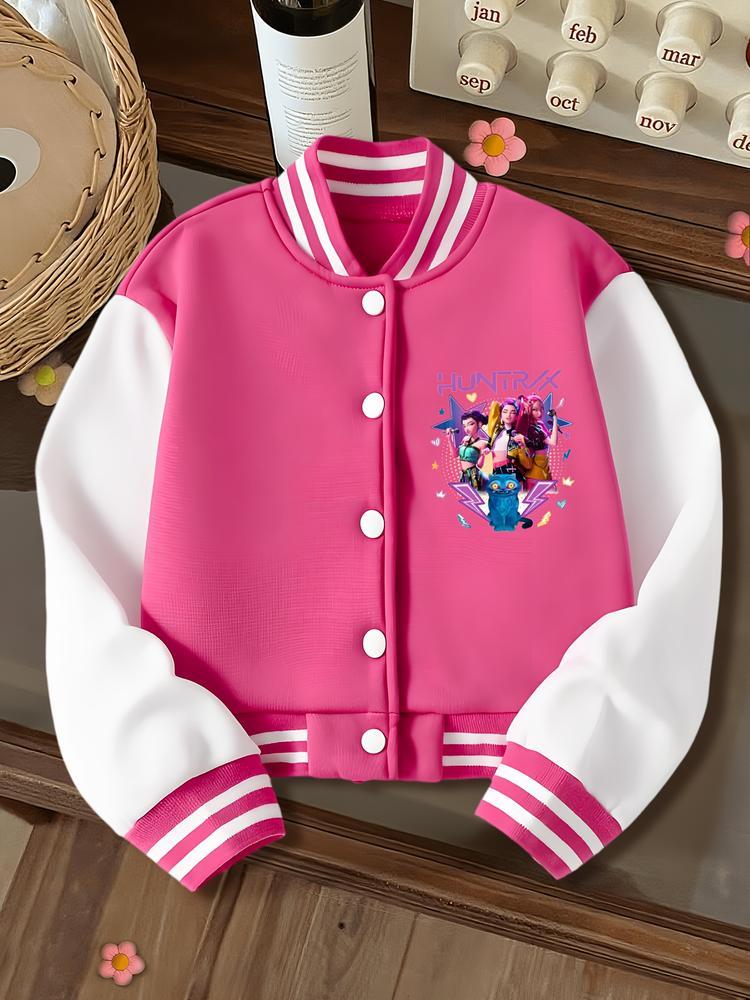 Halloween Girls Short Baseball Jacket, Casual Sports School Uniform, Elastic Fabric, Youth Fashion, Fall & Winter Outerwear, Casual Comfy Jacket