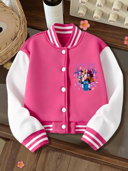 Halloween Girls Short Baseball Jacket, Casual Sports School Uniform, Elastic Fabric, Youth Fashion, Fall & Winter Outerwear, Casual Comfy Jacket
