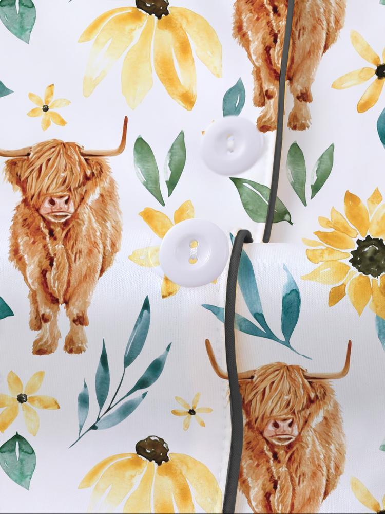 Women's Long Sleeve Sleepwear Set, Highland Cow & Sunflower Print, Soft Fabric, Elegant Casual, Comfortable Flap Collar Top