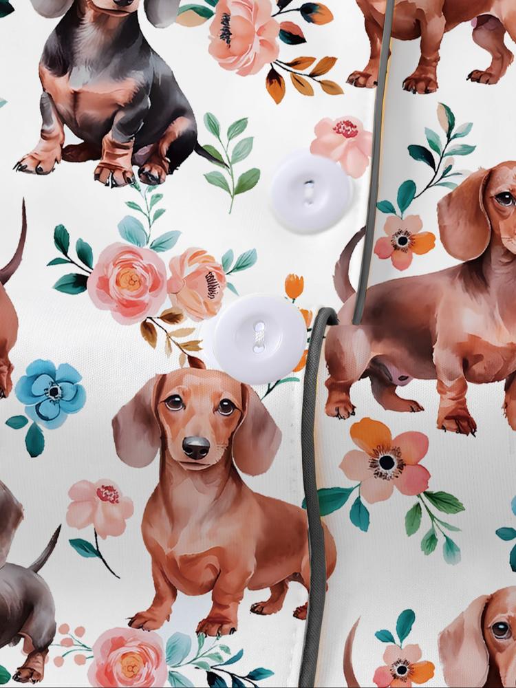 Women's Fall Winter Home Set, Cute Sausage Dog Print, Party Sleepwear, Buttoned Long Sleeve Top & Elastic Pants, Soft Stretch Fabric