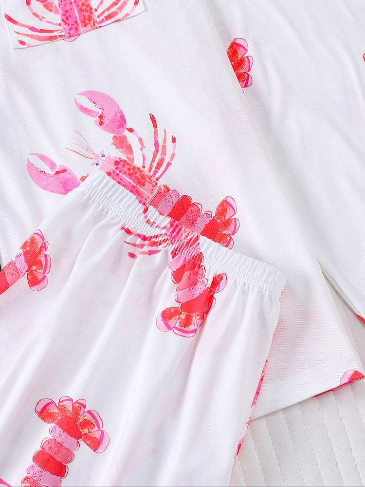 Women's 2-Piece Pajama Set, Lobster Print, Casual Loose-Fit Long Sleeve Top & Elastic Pants, Soft Comfortable Sleepwear Loungewear for Fall Winter