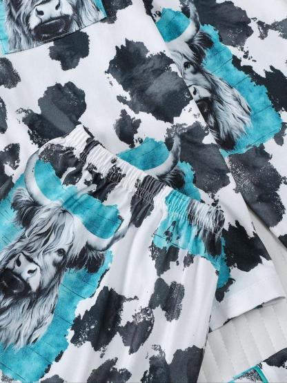 Women's 2-Piece Sleepwear Set, Highland Cow Print, Soft Shirt Collar Top & Elastic Pants, Casual Home Wear for Fall Winter