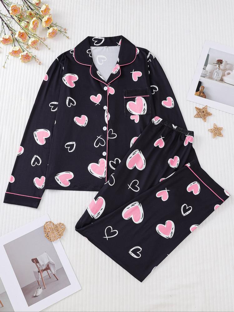 Women's Christmas Pajama Set, Heart Print Long Sleeve Shirt & Elastic Pants, Soft Knit Casual Loungewear Home Wear, Holiday Party Sleepwear