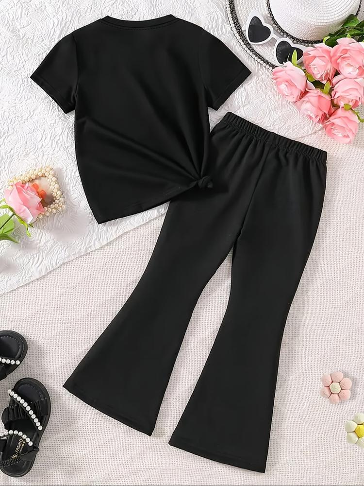 Girls' Kpop Print 2-Piece Set, Casual Sporty Short Sleeve & Bell Bottoms, Comfortable Elastic Waist Pants, Spring Summer