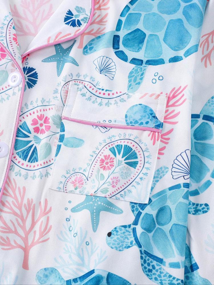 Women's 2-Piece Sleepwear Set, Turtle Print, Casual Fitted Long Sleeve Shirt & Elastic Pants, Soft Comfortable Home Wear Pajamas