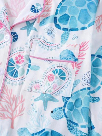 Women's 2-Piece Sleepwear Set, Turtle Print, Casual Fitted Long Sleeve Shirt & Elastic Pants, Soft Comfortable Home Wear Pajamas