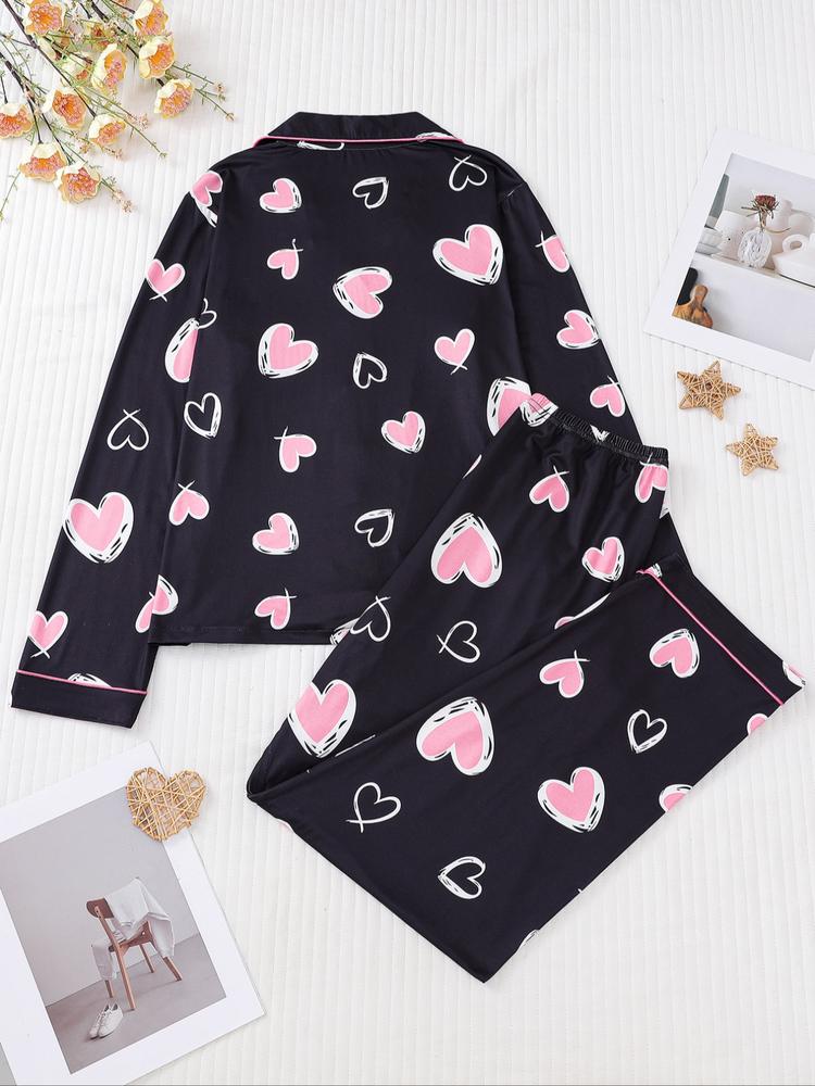 Women's Christmas Pajama Set, Heart Print Long Sleeve Shirt & Elastic Pants, Soft Knit Casual Loungewear Home Wear, Holiday Party Sleepwear