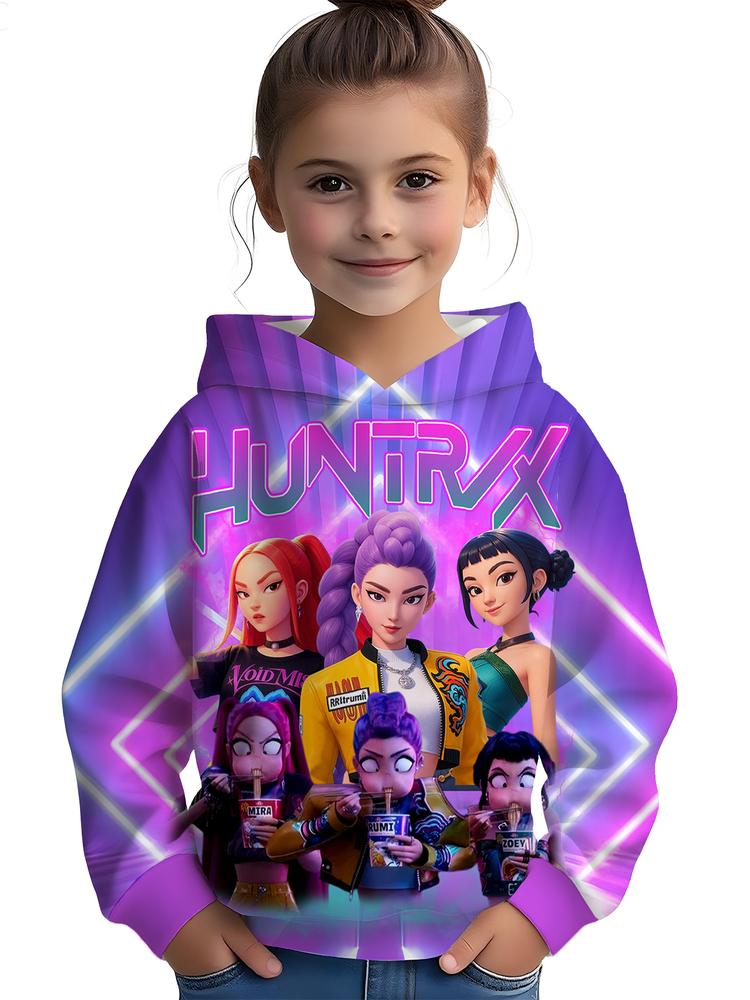 Girls Kpop Demon Hunters Series Light Aesthetic Hoodie, Casual Fall Winter Sportswear, Durable Random Print Design, Christmas Gift