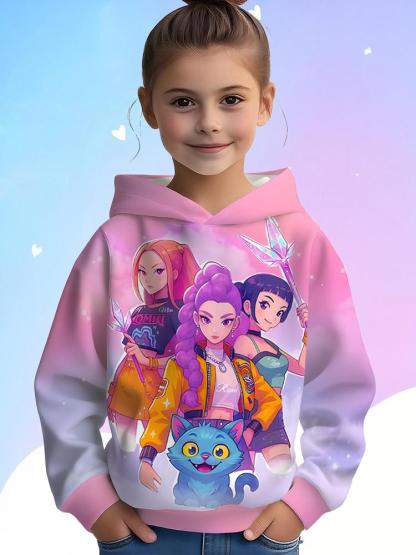 Girls Kpop Demon Hunters Korean Fashion Graphic Casual Hoodie, Spring & Fall Comfortable Sweatshirt, Cute Anime Character Print, Christmas Gift