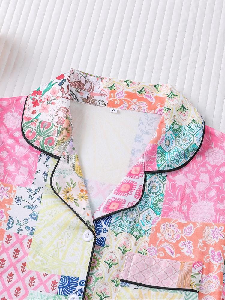 Women's Floral & Plaid Pajama Set, Long Sleeve Button Front Top, Elastic Waist Pants, Casual Fall Winter Sleepwear