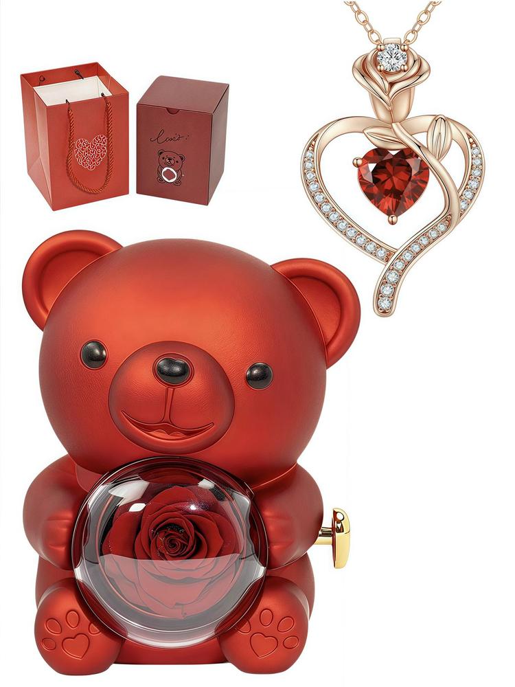 Heart Jewelry Set with Bear & Rose Gift Box, Including Heart Pendant Necklace & Ring & Earrings & Bracelet, Fashion Jewelry for Party, Daily Decor, Trendy All-match & Exquisite Jewelry for Birthday Gift, Mother's Day Gift