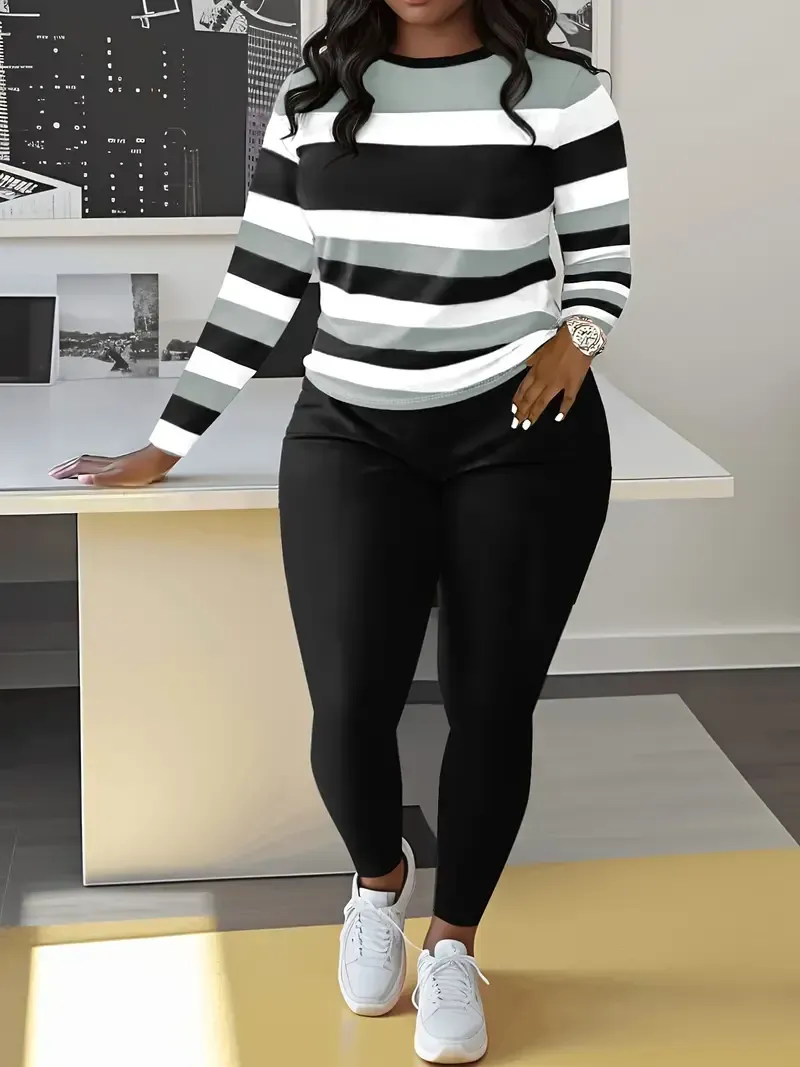 Women's Casual Striped Crew Neck Sweater & Solid Color Pants Set