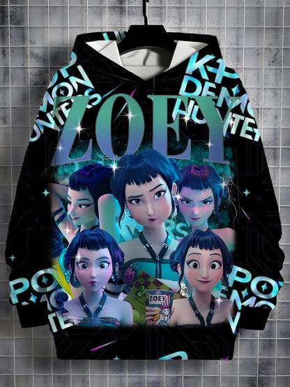 Girls Kpop Demon Hunters Korean Fashion Hoodie, Comfortable Spring & Fall Casual Sweatshirt, Durable Random Print Design, Perfect Christmas Gift