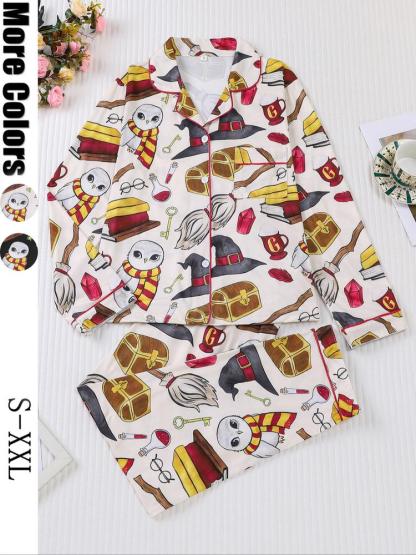 Women's 2-Piece Pajama Set, Magic Theme All-Over Print, Soft Shirt Collar Top & Elastic Pants, Casual Home Wear for Fall Winter