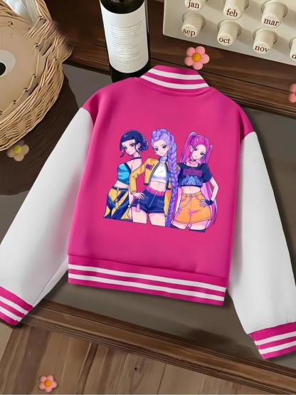 Girls Short Baseball Jacket Coat, Casual Sports School Uniform with Witch Design, Elastic Fabric, Youth Fashion Outerwear