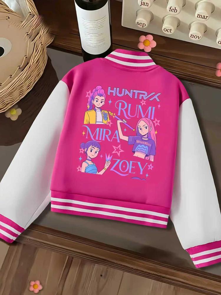 Girls' Halloween Cartoon Print Baseball Jacket, Elastic Fabric, Fitted Design, Perfect for Outdoor & Indoor Activities