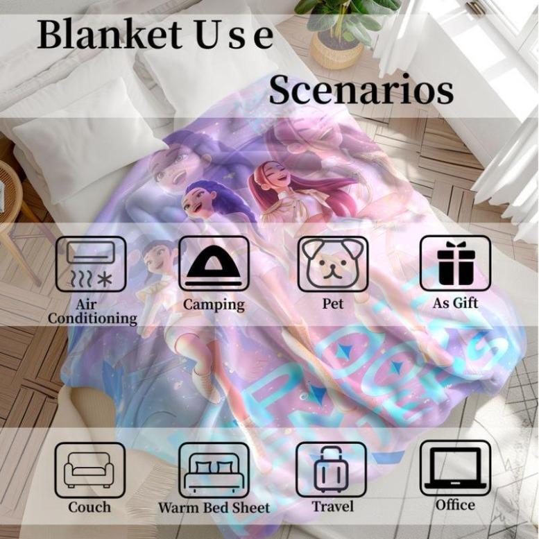 K-POP Demon Hunters Flannel Blanket Dreamy Purple Pink Anime Style Soft Cozy Lightweight Warm Throw Sofa Bed Travel Nap Office Camping Air Conditioner Use Perfect Holiday Gift Home Decor KPOP Fans Teen Girls Halloween Christmas Gift