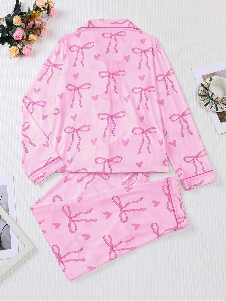 Women's 2-Piece Pajama Set, Bowknot Print, Holiday Party Sleepwear, Soft Shirt Collar Top & Elastic Pants, Casual Home Wear