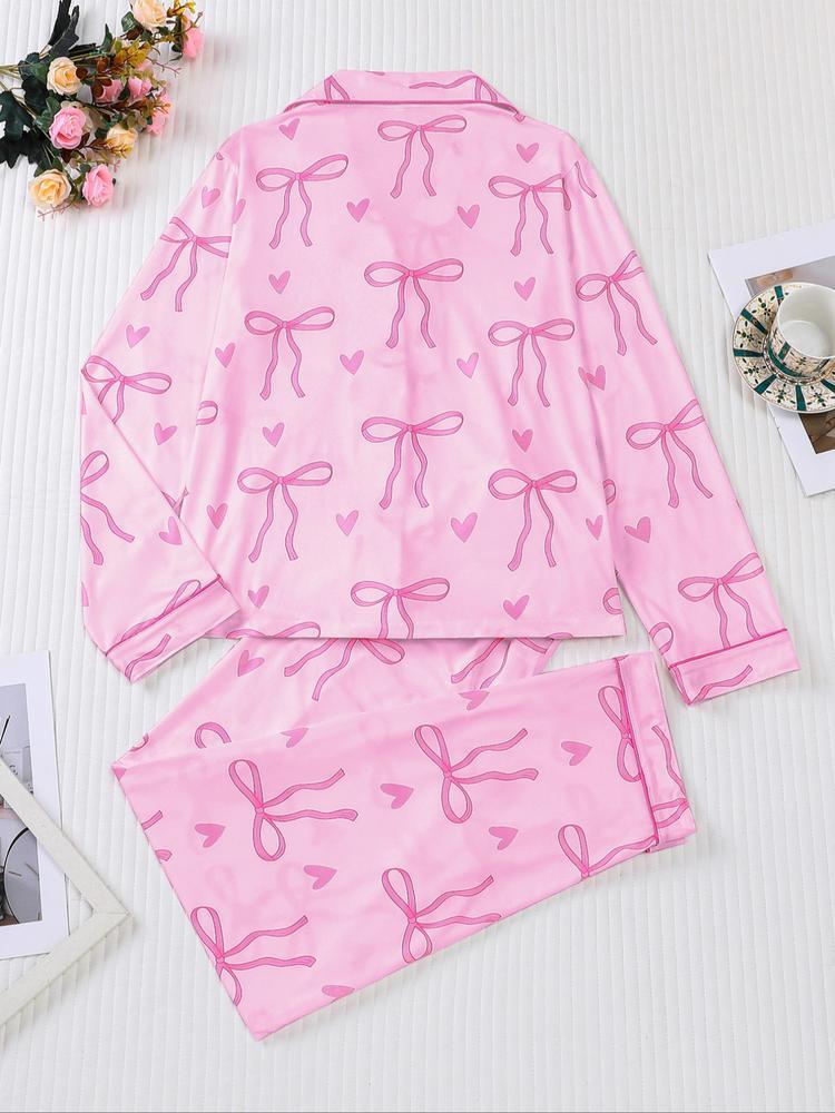 Women's 2-Piece Pajama Set, Bowknot Print, Holiday Party Sleepwear, Soft Shirt Collar Top & Elastic Pants, Casual Home Wear