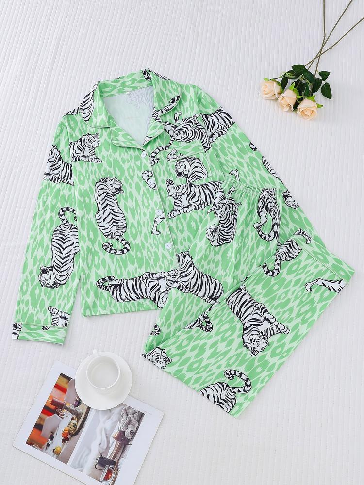 Women's Tiger Print Pajama Set, Fall & Winter Casual Sleepwear, Comfortable Long Sleeve Button-Up Top and Elastic Pants, Home & Outdoor Wear