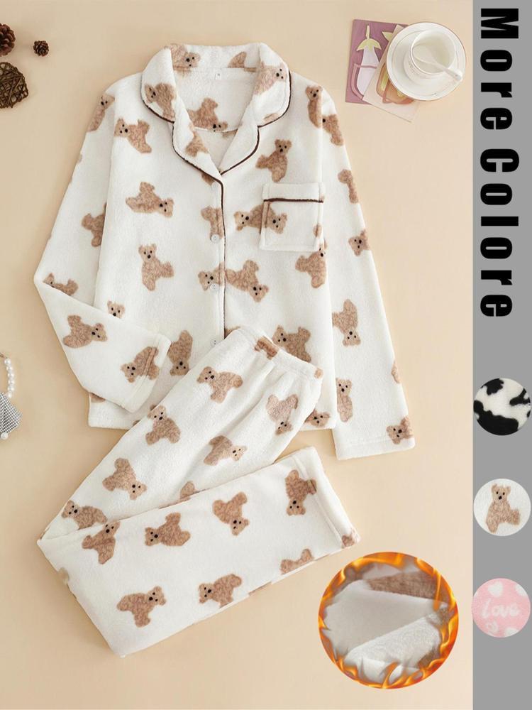 Two-piece Set Women's All Over Cartoon Bear Print Lapel Collar Top & Elastic Waist Pants Pajama Set, Long Sleeve Button Up Top & Pants Pj Set, Women's Sleepwear for Winter