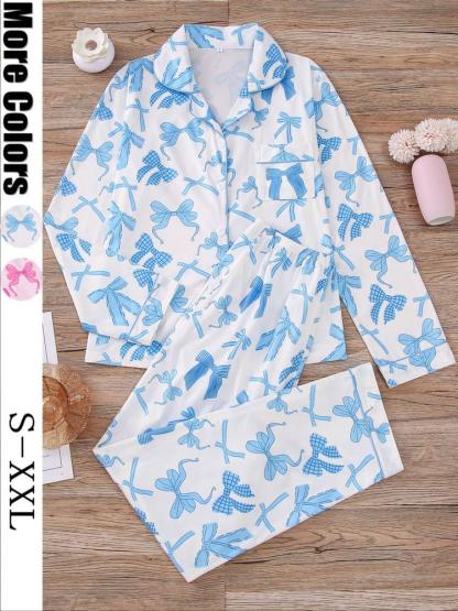 Women's 2-Piece Pajama Set, Bowknot Print, Holiday Party Sleepwear, Soft Shirt Collar Top & Elastic Pants, Casual Home Wear, Matching Pj Set