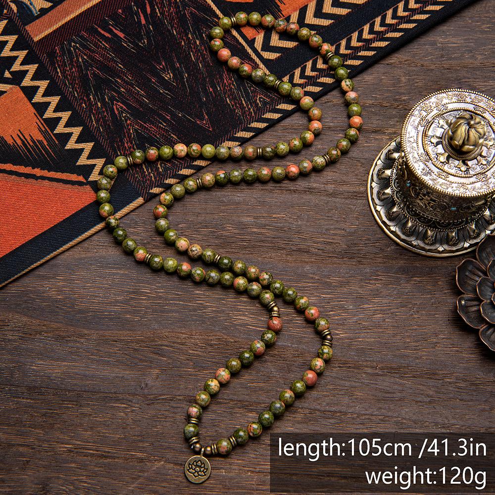 Unakite Healing Crystal Stone 108 Mala Beads Handmade Stacked Elastic Money Attraction Bracelet - Natural Stone Mindfulness Long Beaded Wrap  Genuine Gemstone Mala Prayer Beads Lotus Buddha Charm Yoga Japamala Jewelry Necklace , Elegant with Lotus Pendant